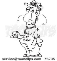 Cartoon Black and White Line Drawing of a Stinky Guy Holding a Beer by Toonaday