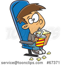 Cartoon White Boy Sipping a Fountain Soda and Holding Popcorn While Watching a Matinee Movie by Toonaday