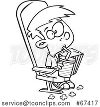 Cartoon Black and White Boy Sipping a Fountain Soda and Holding Popcorn While Watching a Matinee Movie by Toonaday