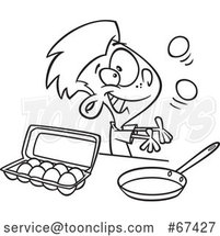 Cartoon Black and White Boy Juggling and Preparing to Make Scrambled Eggs by Toonaday