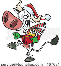 Cartoon Christmas Cow Holding a Present by Toonaday