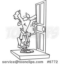 Cartoon Black and White Line Drawing of a Boy Knocking on a Door by Toonaday