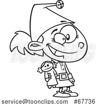 Clipart Outline Cartoon Elf Girl with a Doll by Toonaday