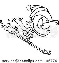 Cartoon Black and White Line Drawing of a Boy Skiing by Toonaday