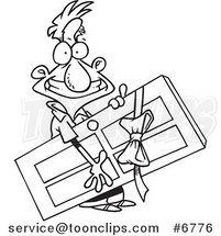 Cartoon Black and White Line Drawing of a Guy Carrying a Door Prize by Toonaday