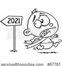 Cartoon Black and White New Year Baby Running from 2021 in Fear by Toonaday