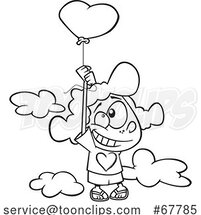 Cartoon Black and White Girl Floating with a Heart Balloon by Toonaday