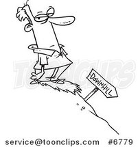 Cartoon Black and White Line Drawing of a Guy Facing Downhill by Toonaday