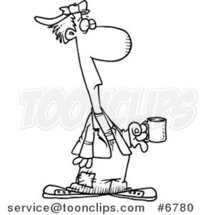 Cartoon Black and White Line Drawing of a down and out Guy Holding a Cup by Toonaday