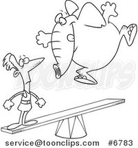Cartoon Black and White Line Drawing of an Elephant Jumping on a See Saw to Make a Stunt Guy Fly by Toonaday