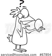 Cartoon Black and White Chicken Pondering over an Egg and Which Came First by Toonaday