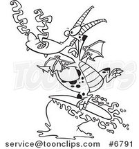 Cartoon Black and White Line Drawing of a Surfing Dragon by Toonaday