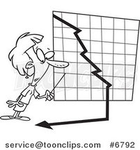 Cartoon Black and White Line Drawing of a Business Woman Watching a down Turn Arrow by Toonaday