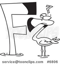 Cartoon Black and White Line Drawing of a Flamingo Looking at a Letter F by Toonaday