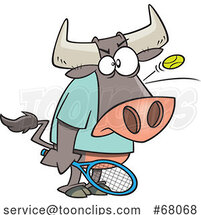 Cartoon Bull Playing Tennis with a Ball Bouncing off of His Head by Toonaday