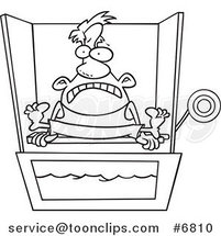 Cartoon Black and White Line Drawing of a Guy Sitting on a Dunk Tank by Toonaday