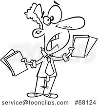 Black and White Cartoon Stressed Business Man Holding Paperwork by Toonaday