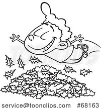 Cartoon Black and White Boy Diving in to Autumn Leaves by Toonaday