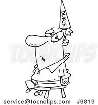 Cartoon Black and White Line Drawing of a Guy Wearing a Dunce Hat by Toonaday