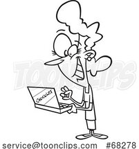Black and White Cartoon Excited Chocolate Lover Lady Holding a Box by Toonaday