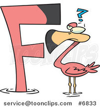 Cartoon Flamingo Looking at a Letter F by Toonaday