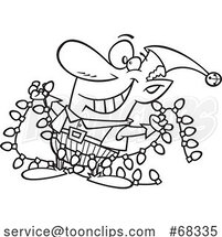 Black and White Cartoon Happy Christmas Elf Holding Lights by Toonaday