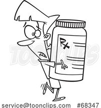 Black and White Cartoon Lady Carrykng a Huge Prescription Bottle by Toonaday