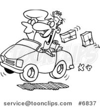 Cartoon Black and White Line Drawing of a Couple in a Car, Dropping Packages by Toonaday