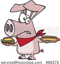 Cartoon Pig Holding a Hot Dog and Cheeseburger by Toonaday
