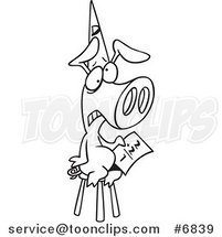 Cartoon Black and White Line Drawing of a Pig Wearing a Dunce Hat by Toonaday
