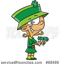 Cartoon St Patricks Day Leprechaun Girl Holding Shamrocks by Toonaday