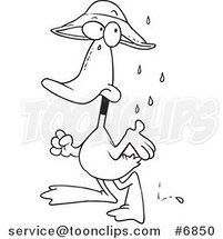 Cartoon Black and White Line Drawing of a Duck in the Rain by Toonaday