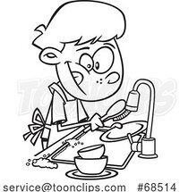 Cartoon Black and White Boy Washing Dishes by Toonaday