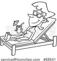 Cartoon Black and White Lady Sun Bathing Poolside with a Cocktail by Toonaday