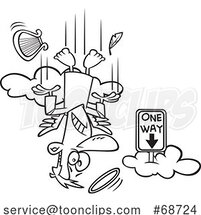 Cartoon Black and White Falling Angel Passing a One Way Sign by Toonaday