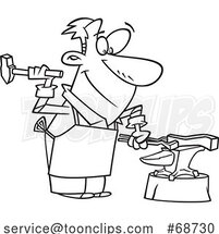 Cartoon Black and White Happy Blacksmith Working on an Anvil by Toonaday