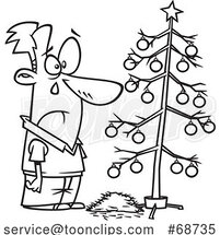 Cartoon Black and White Sad Guy Crying over a Dead Christmas Tree by Toonaday