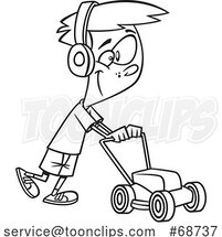 Cartoon Black and White Happy Boy Mowing by Toonaday