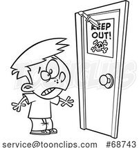 Cartoon Black and White Boy Looking at a Knife Through a Keep out Sign on a Door by Toonaday