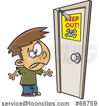 Cartoon Boy Looking at a Knife Through a Keep out Sign on a Door by Toonaday