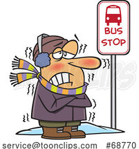 Cartoon Guy Shivering at a Bus Stop in Winter by Toonaday