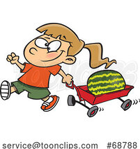 Clipart Cartoon Girl Pulling a Watermelon in a Wagon by Toonaday