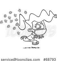 Clipart Cartoon Black and White Girl Wearing a Face Mask and Running from Germs by Toonaday