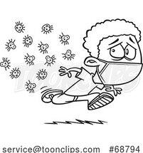 Clipart Cartoon Black and White Boy Wearing a Mask and Running from Germs by Toonaday