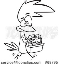 Clipart Cartoon Black and White Easter Chicken Carrying a Basket by Toonaday