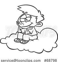 Clipart Cartoon Black and White Boy Daydreaming on a Cloud by Toonaday