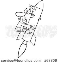 Clipart Cartoon Black and White Rocket Scientist Clinging in Fear by Toonaday