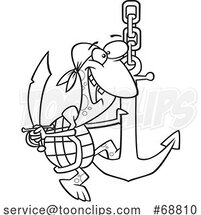 Clipart Cartoon Black and White Pirate Turtle Swinging on an Anchor by Toonaday