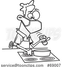 Cartoon Black and White Careful Guy Wearing a Mask and Cooking by Toonaday