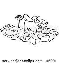 Cartoon Black and White Line Drawing of a Business Man Drowning in Papers by Toonaday